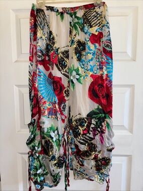 URU VNTG Pants Womens Butterfly Silk Rayon Lagenlook Artsy Harem Crop 28” Waist